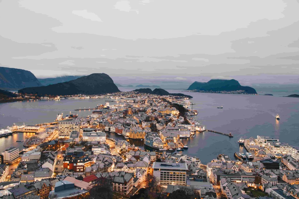 Aerial view of Ålesund, Norway at dusk